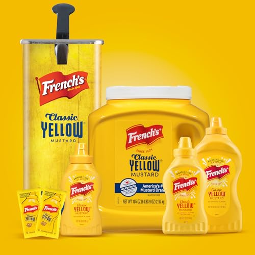 French's Mustard bottle on a condiment station with other sauces