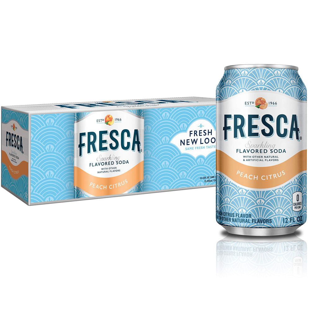 Fresca Peach Soda can close-up highlighting label and zero calorie claim.