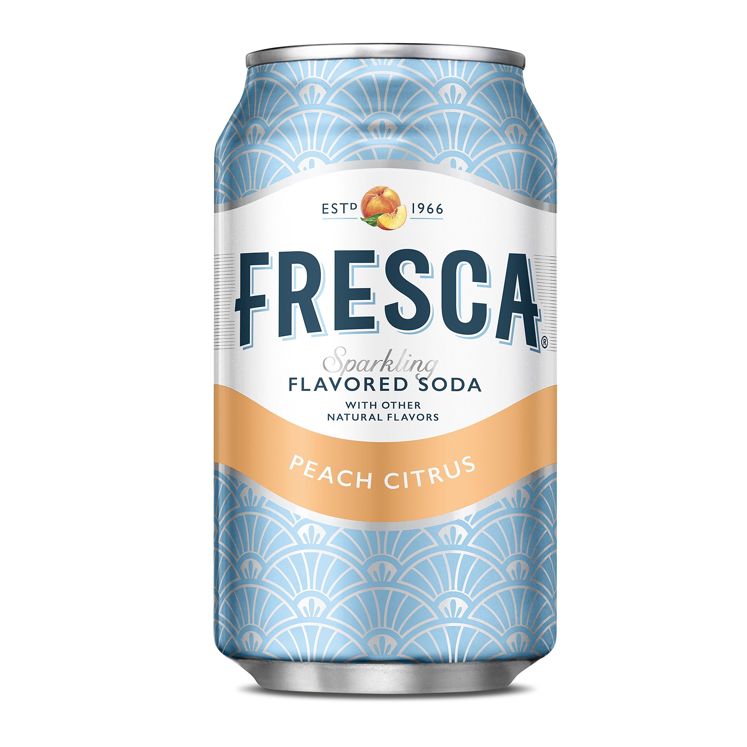 Fresca Peach Soda over ice in a clear tumbler for refreshment.