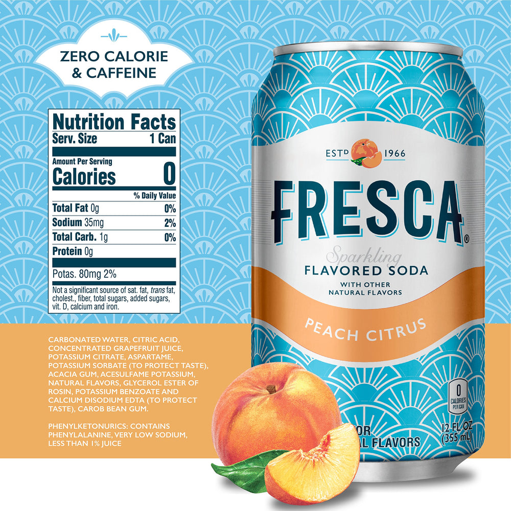 Fresca Peach Soda label close-up highlighting brand heritage.