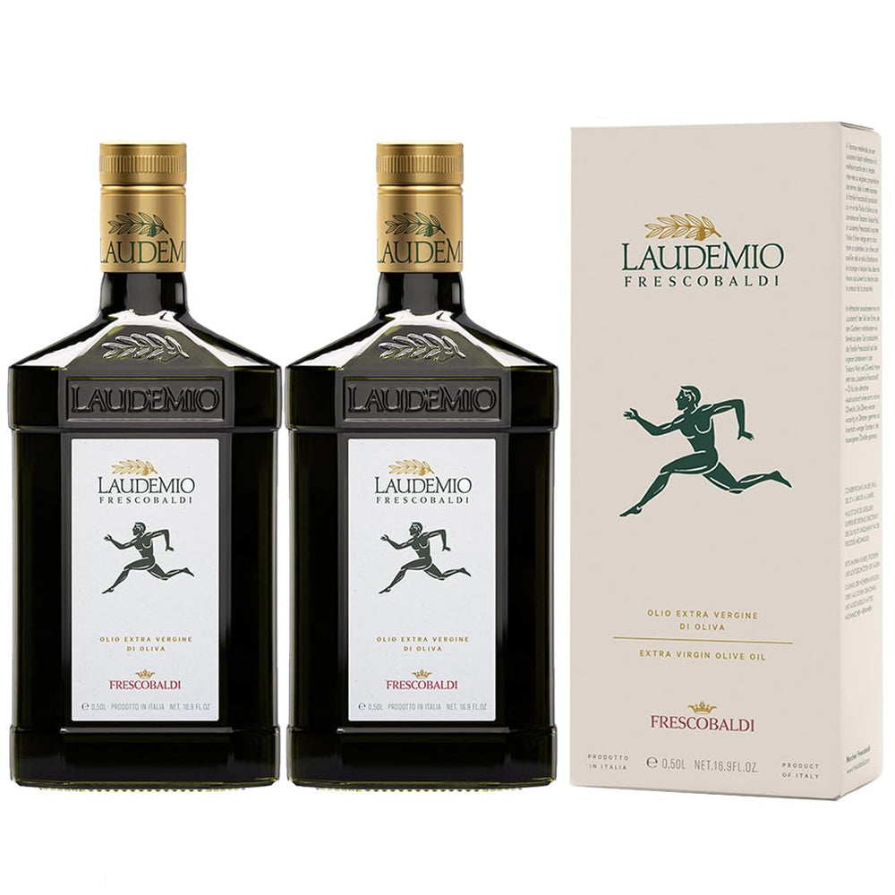 Frescobaldi Laudemio bottle on table, premium Tuscan olive oil for everyday cooking.