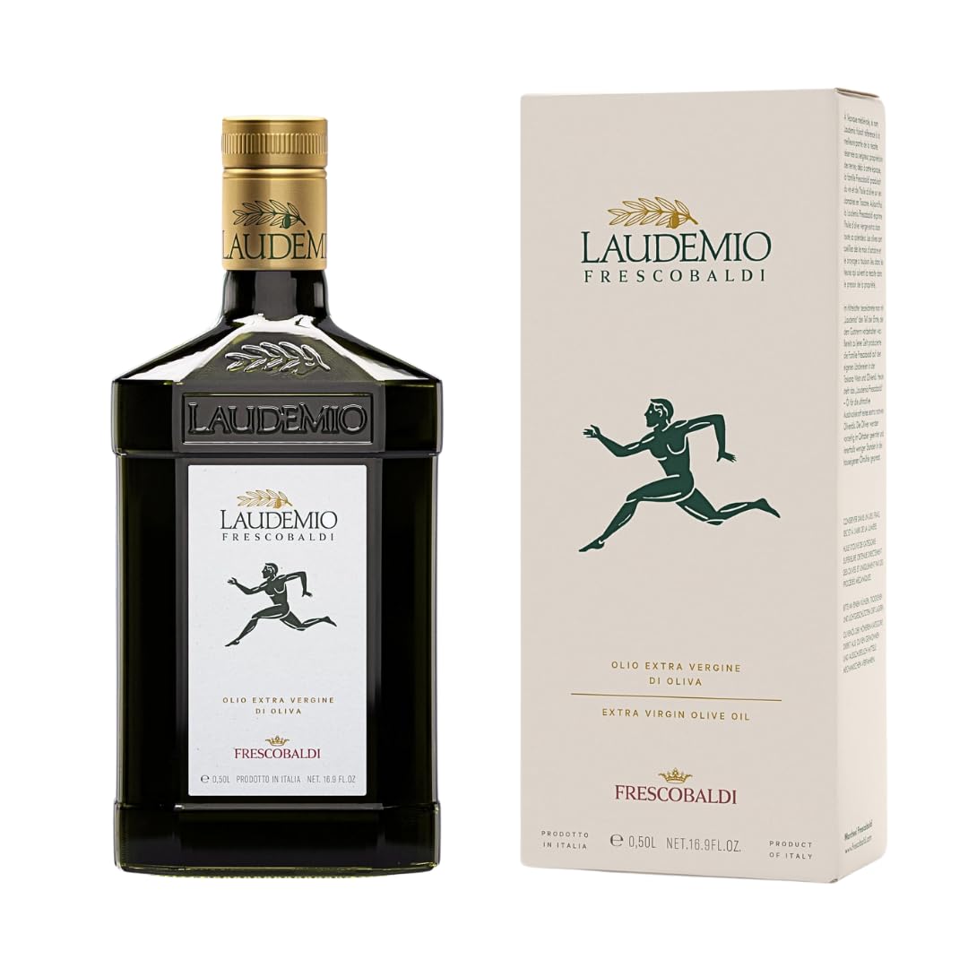 Frescobaldi Laudemio bottle pouring highlights premium Tuscan olive oil for finishing dishes.