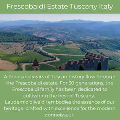 Frescobaldi Laudemio green gold olive oil drops showcase vibrant color and fresh aroma.