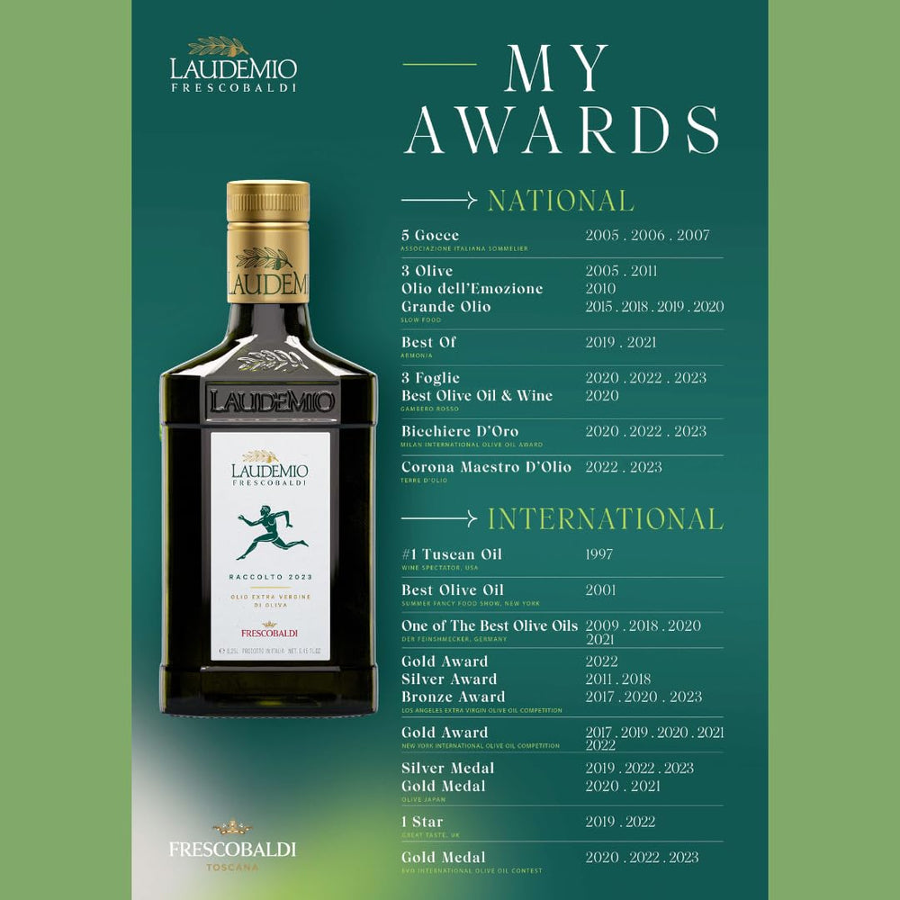Frescobaldi Laudemio peppery arugula hint enhances finishing flavor.