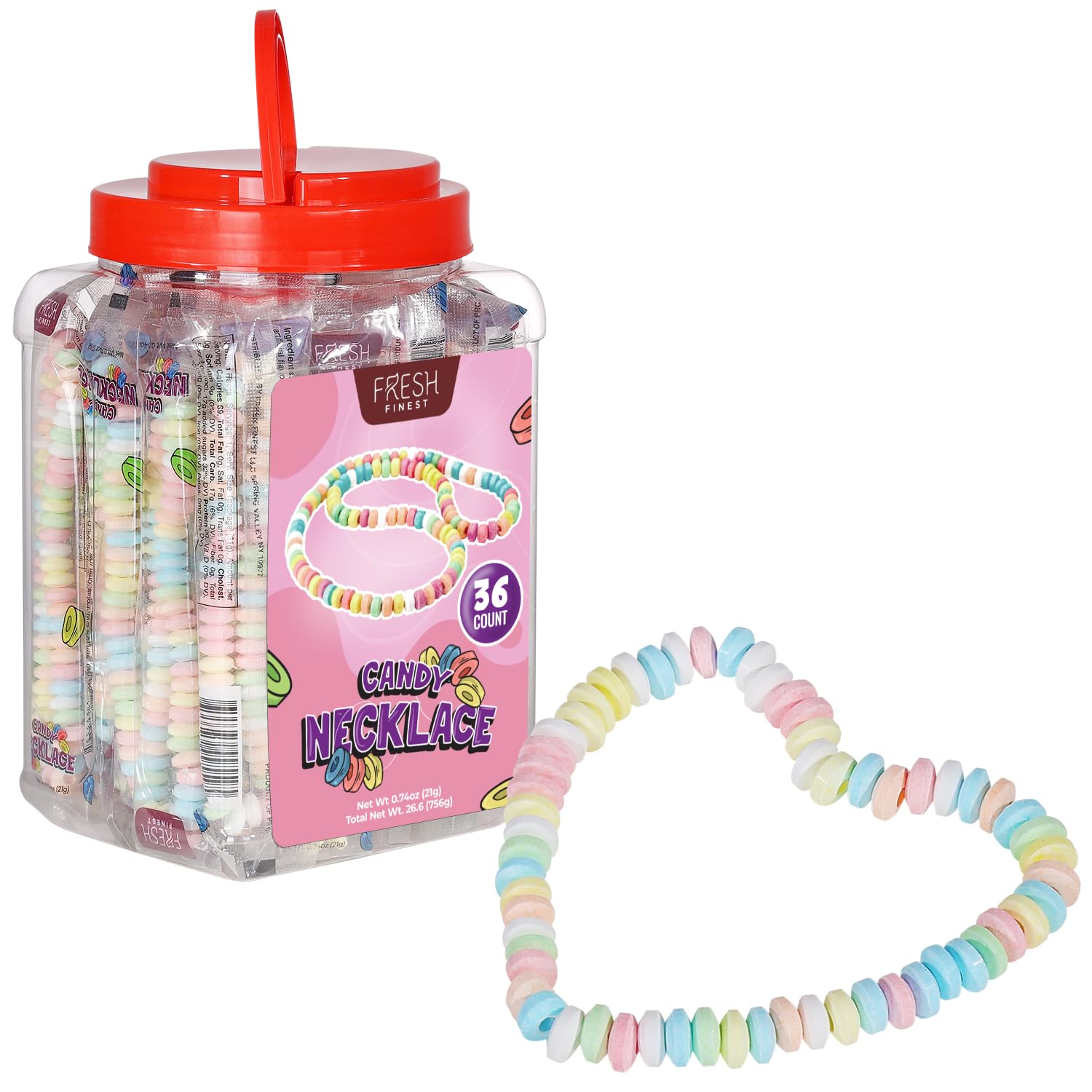 Fresh Finest 36-count bulk candy necklaces laid out for display and selection