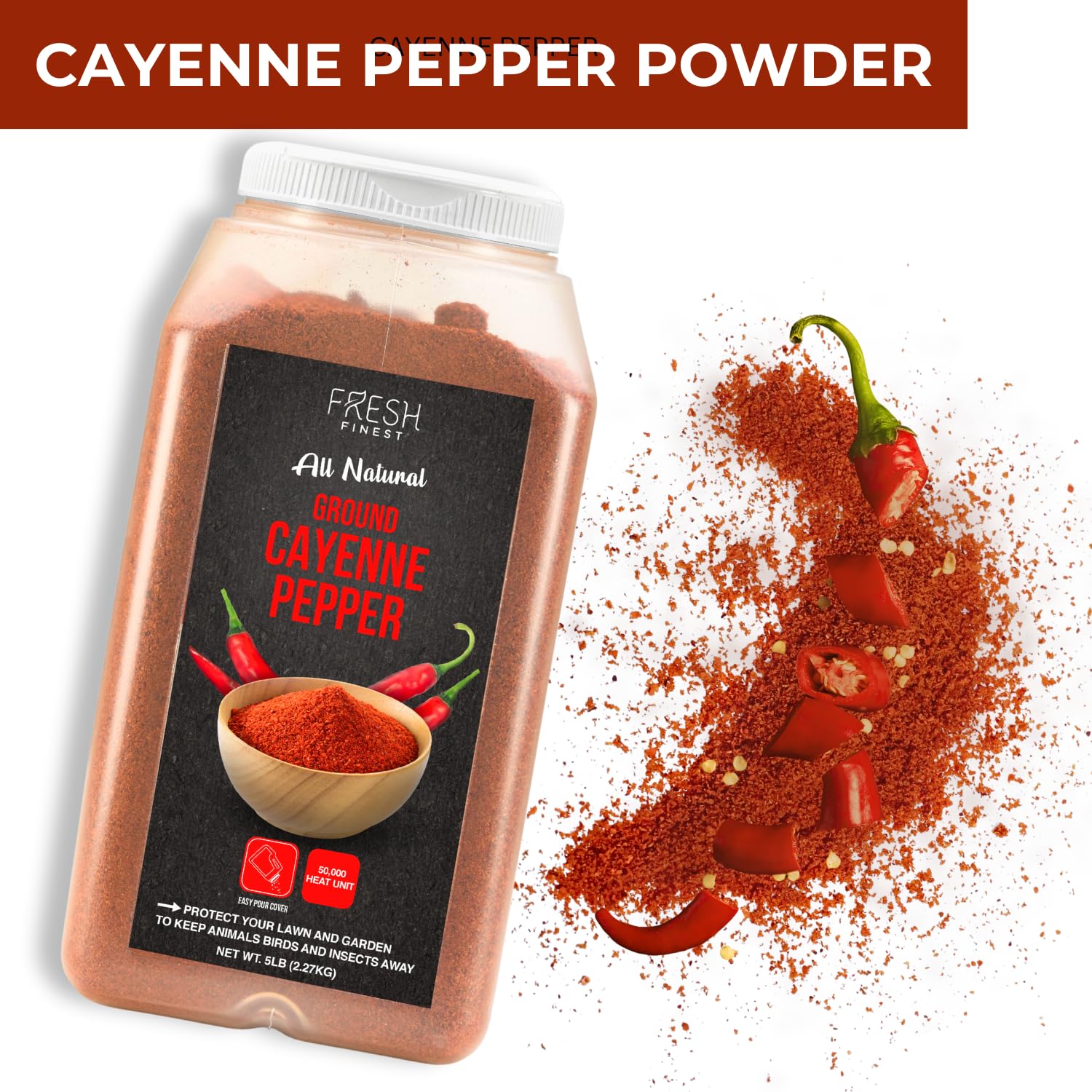 Fresh Finest cayenne powder outdoor-use option for garden deterrence.
