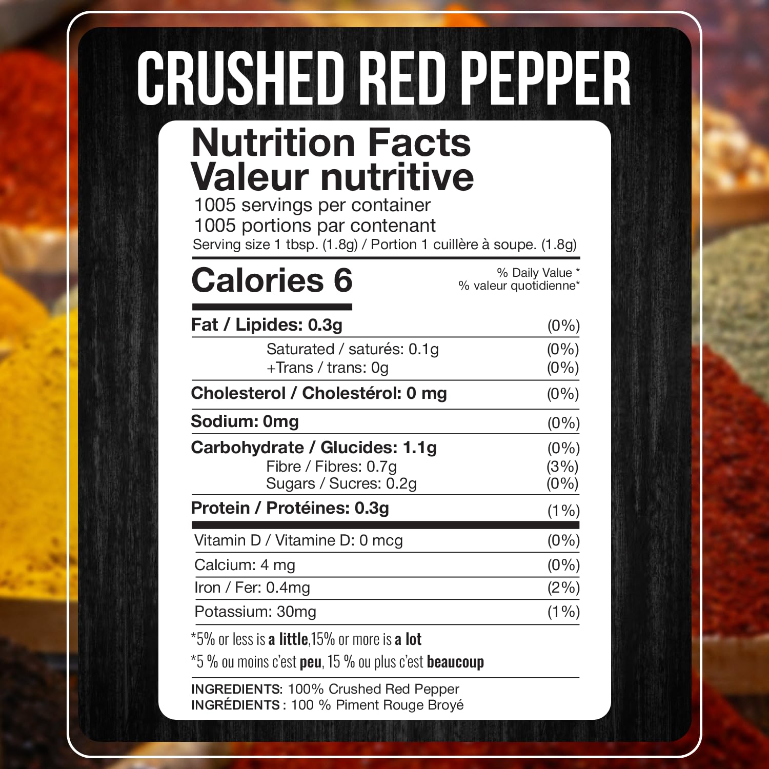 Fresh Finest crushed red pepper flakes closeup shows vibrant color and texture.