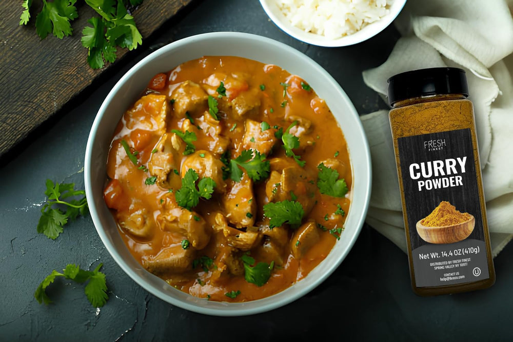 Fresh Finest curry powder jar closeup highlights authentic spice blend.
