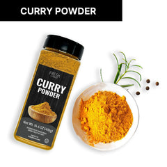 Fresh Finest curry powder label front showcases premium packaging.