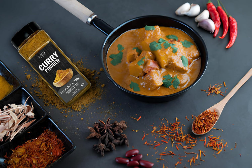 Fresh Finest curry powder stir-in-pot demonstrates versatile cooking.