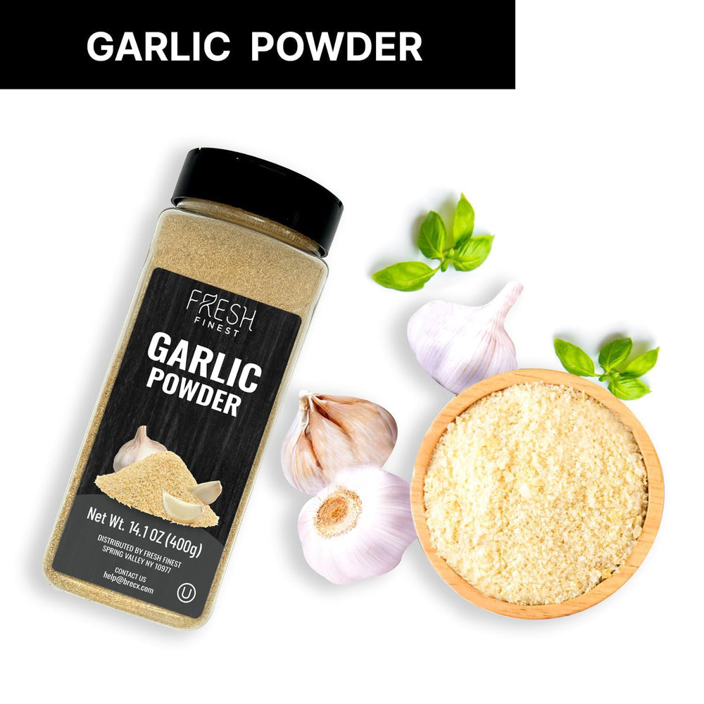 Fresh Finest Garlic Powder sealed container emphasizes long-lasting freshness and flavor.