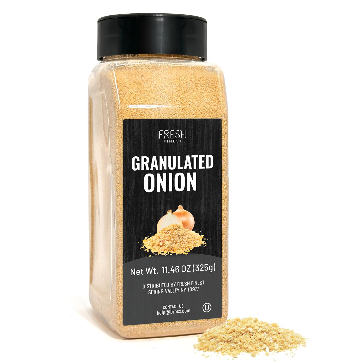 Fresh Finest granulated onion 11.46oz package showing rich flavor enhancer for soups and sauces.