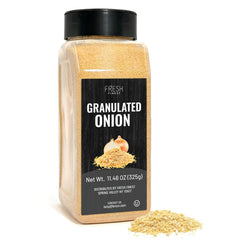 Fresh Finest granulated onion 11.46oz package showing rich flavor enhancer for soups and sauces.