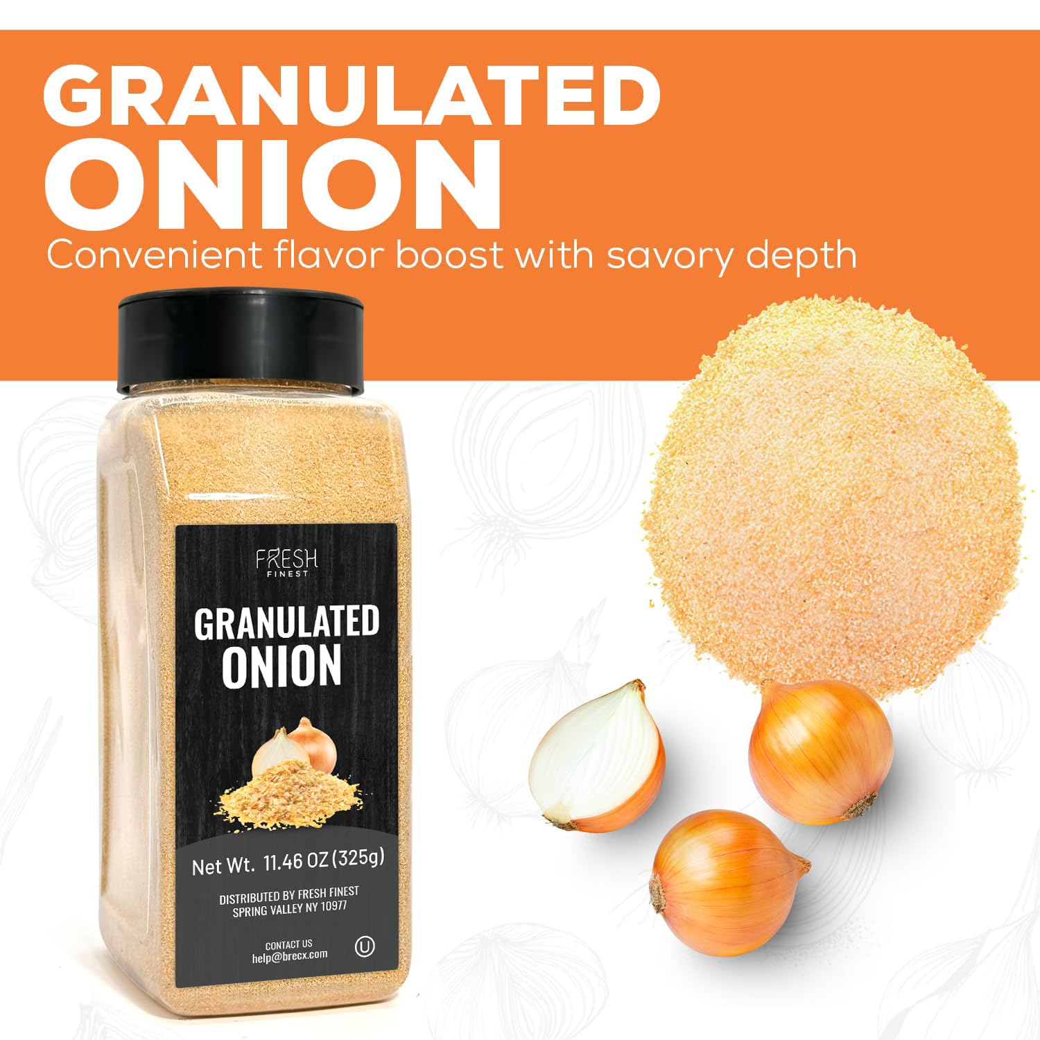 Fresh Finest granulated onion glass jar, premium pantry staple in the kitchen.