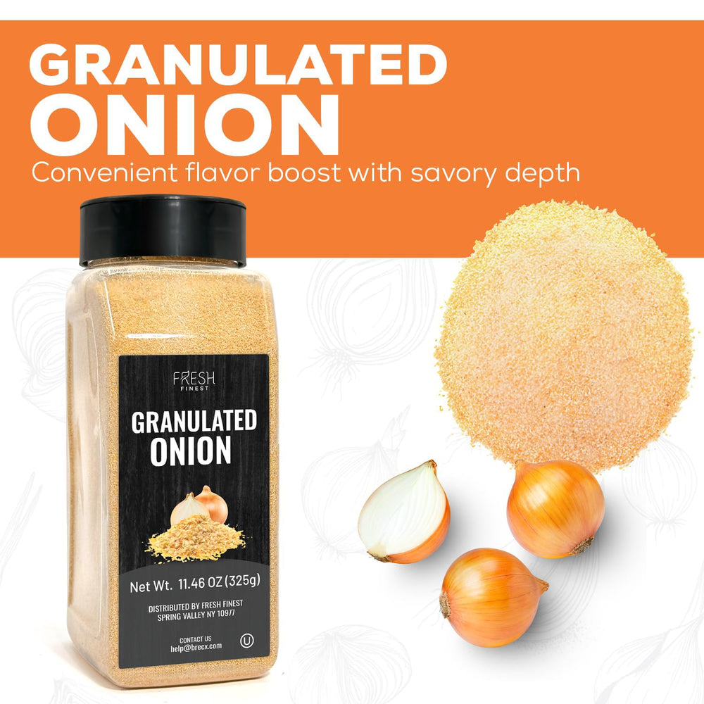 Fresh Finest granulated onion glass jar, premium pantry staple in the kitchen.