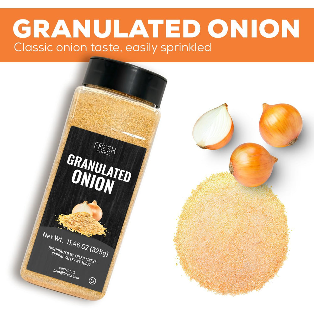 Fresh Finest granulated onion seasoning illustrating savory depth in dishes.