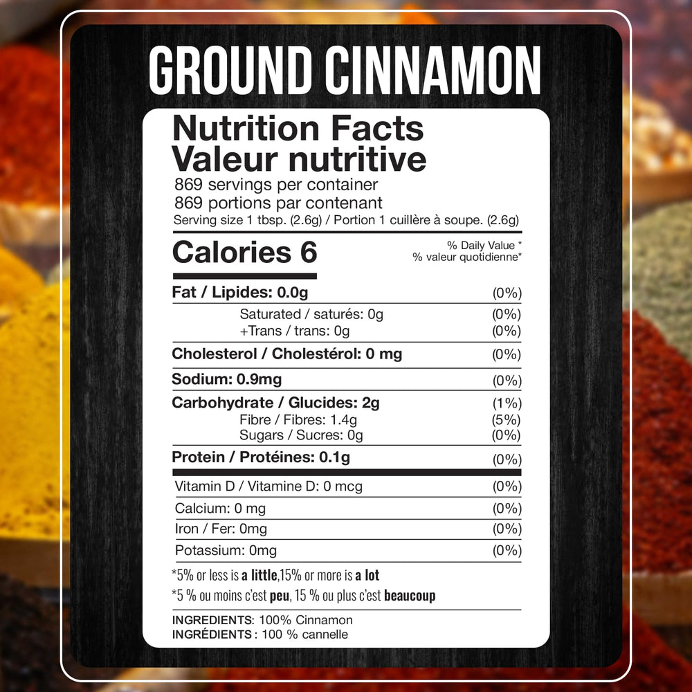 Fresh Finest ground cinnamon powder with a scoop enables precise measuring.