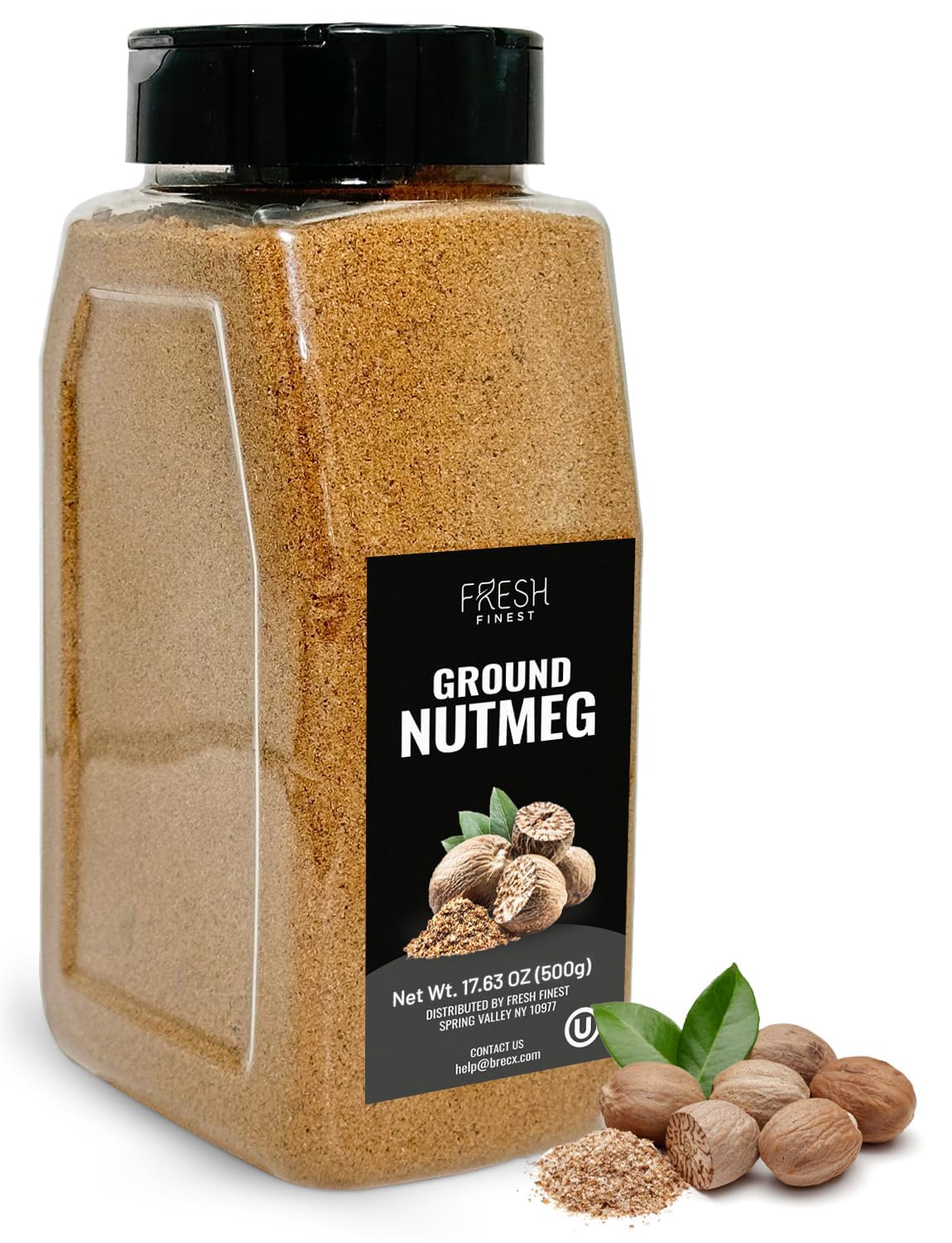 Fresh Finest Ground Nutmeg Powder packaging jar shows premium quality for cooking.