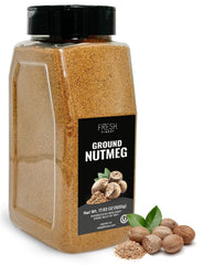 Fresh Finest Ground Nutmeg Powder packaging jar shows premium quality for cooking.
