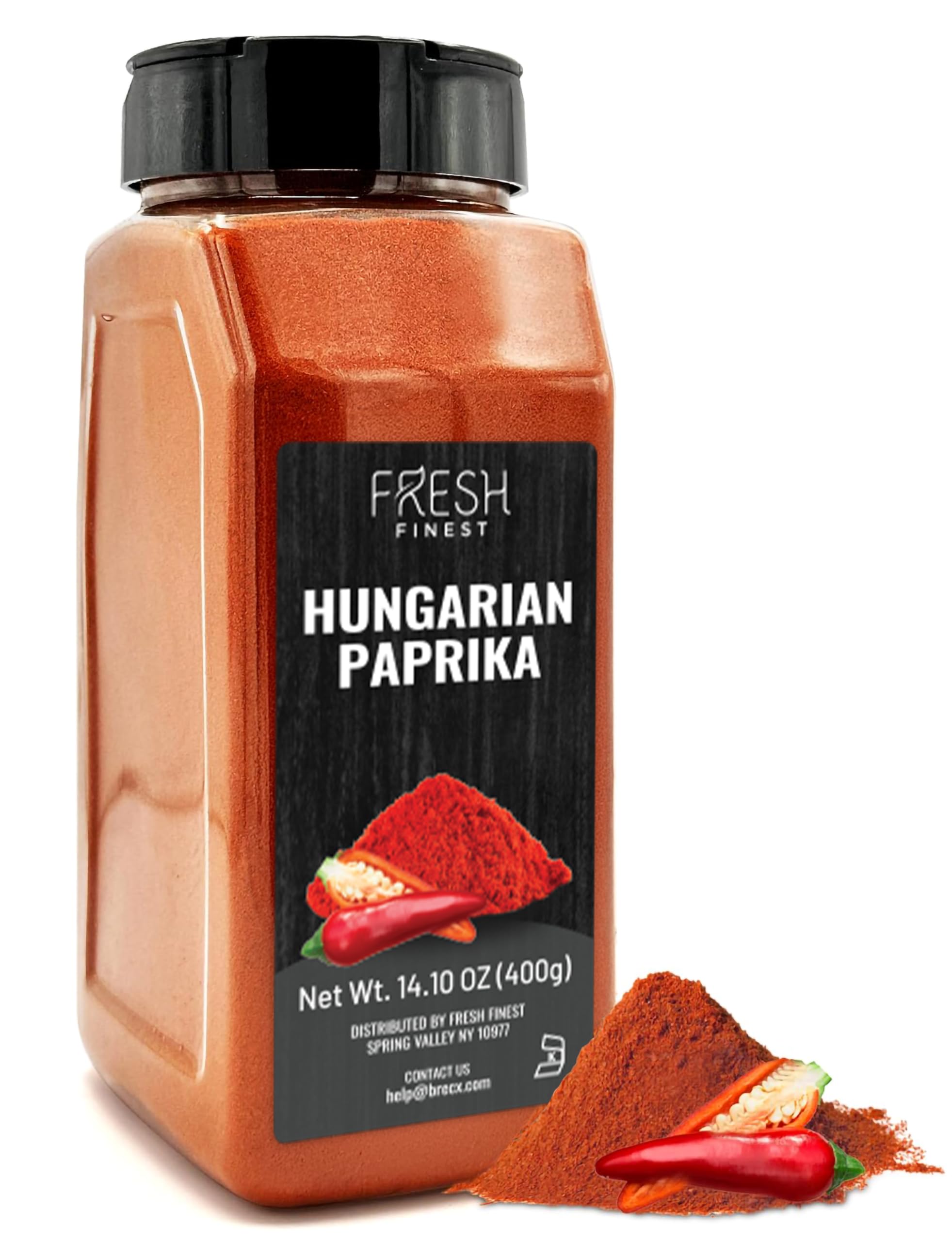 Fresh Finest Hungarian Paprika jar closeup showing vibrant color for colorful dishes.