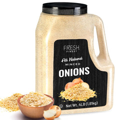 Fresh Finest minced onion bulk jar with golden dehydrated flakes for quick flavoring.