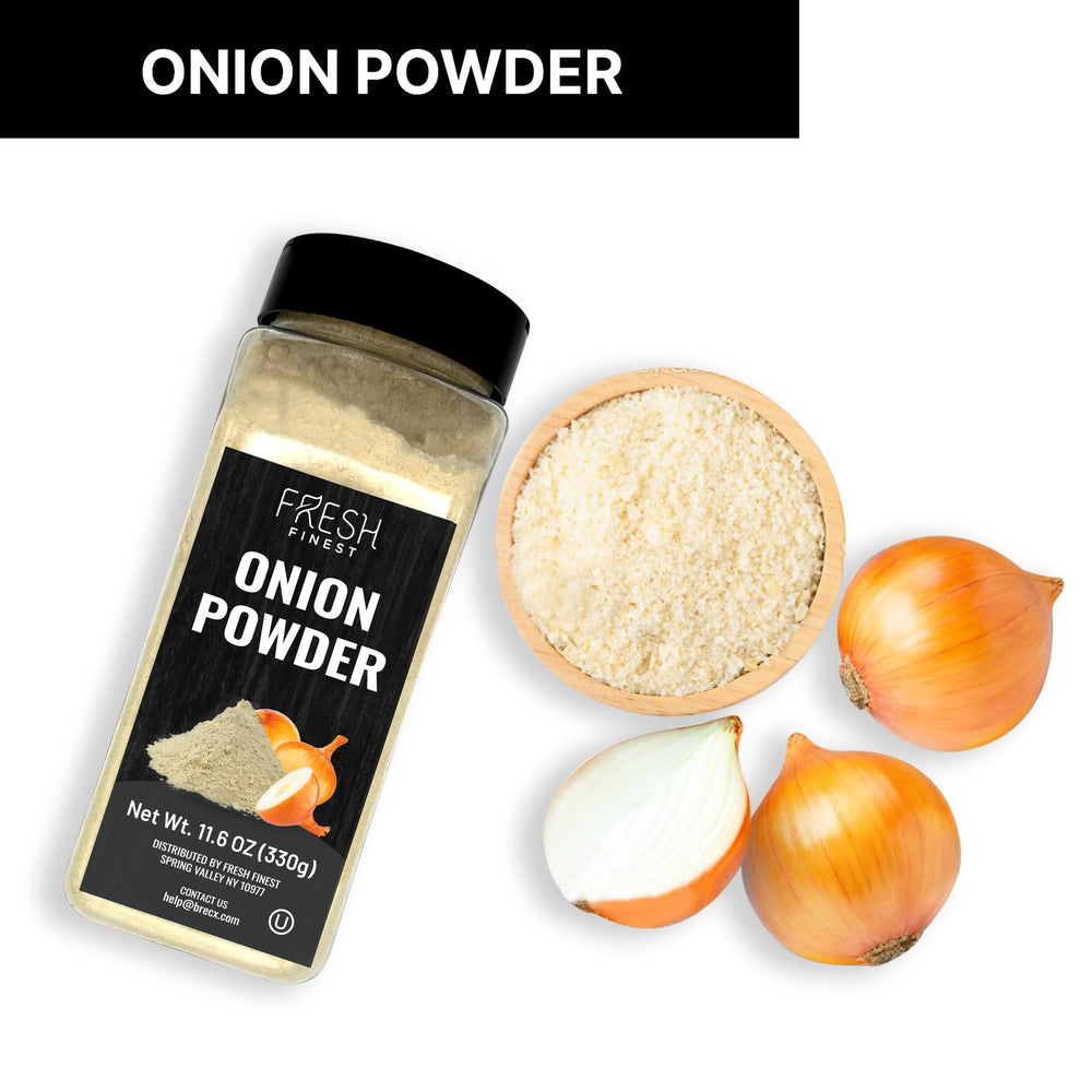 Fresh Finest Onion Powder on spice shelf ready for meals.