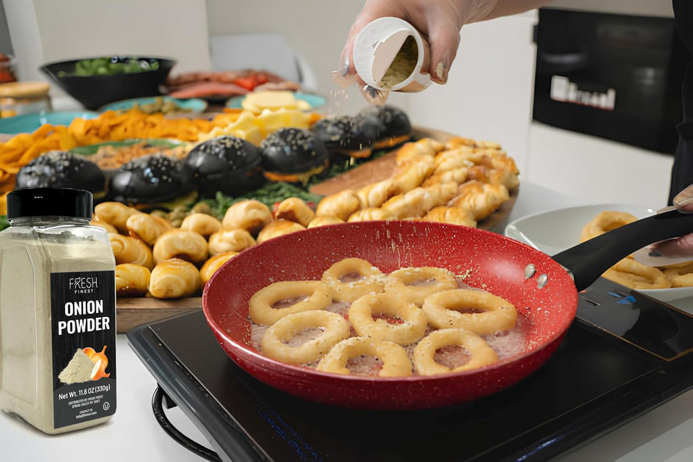 Close-up of Fresh Finest Onion Powder texture and fine granules.