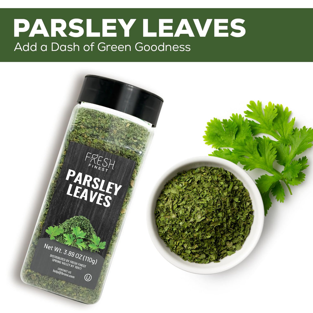 Fresh Finest parsley flakes closeup highlights crisp texture and natural aroma.