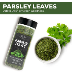 Fresh Finest parsley flakes closeup highlights crisp texture and natural aroma.