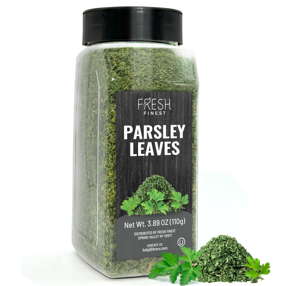 Fresh Finest parsley flakes jar front showing vibrant green color for fresh flavor.