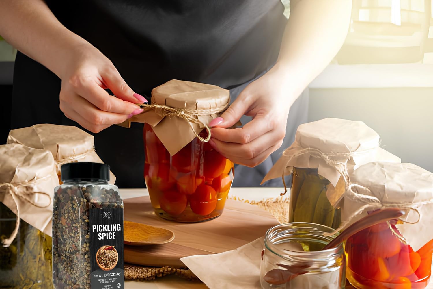 Fresh Finest Pickling Spice label close-up emphasizing quality ingredients and zero nasties.
