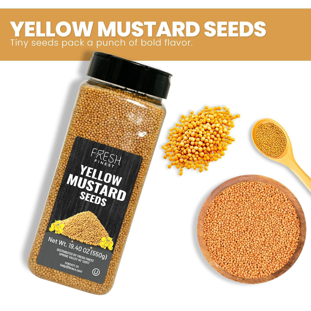 Fresh Finest yellow mustard seed packaging closeup showing premium quality.