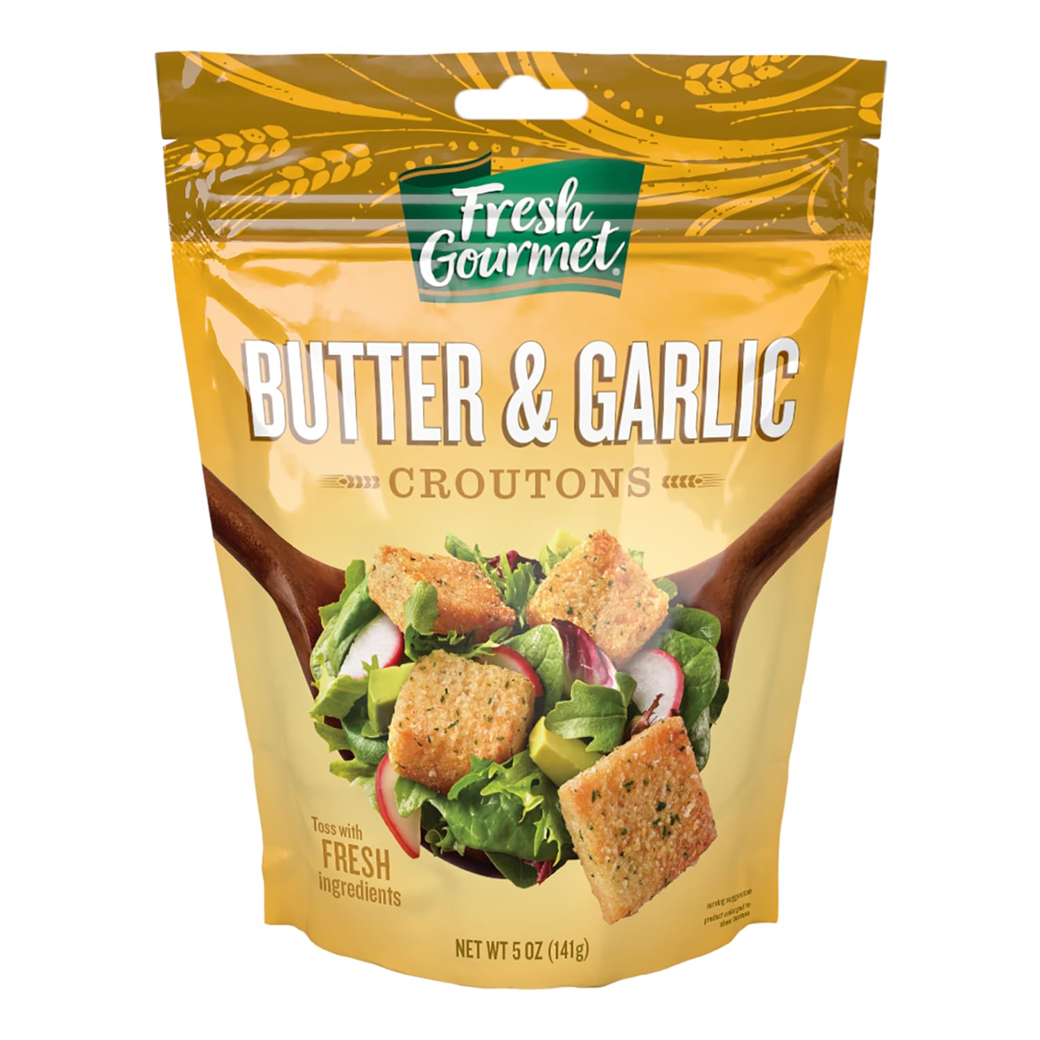 Fresh Gourmet Butter & Garlic Croutons bag front showing packaging and brand name