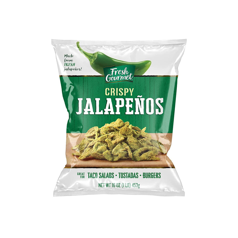 Fresh Gourmet Crispy Jalapenos pack, resealable bag for lasting crunch.