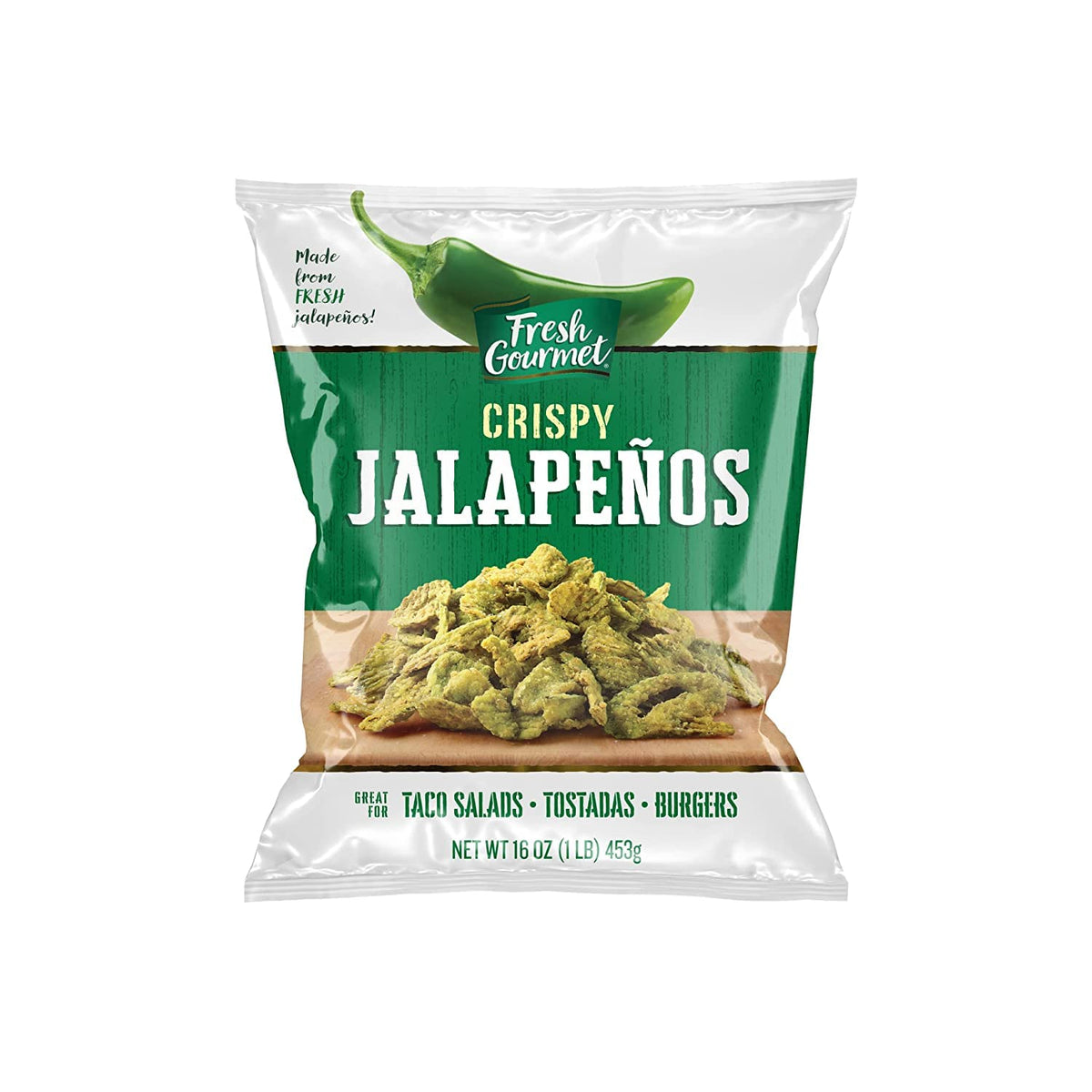 Fresh Gourmet Crispy Jalapenos pack, resealable bag for lasting crunch.