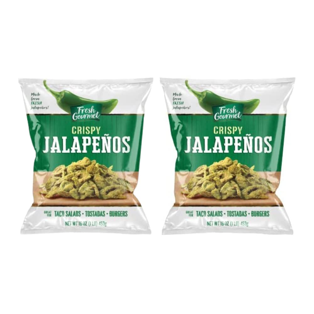 Fresh Gourmet crispy jalapeños two-pack bag closeup with reseal for lasting crunch.