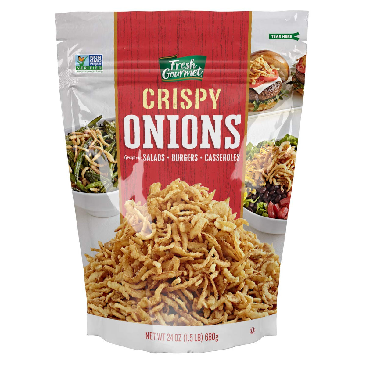 Fresh Gourmet Crispy Onions bag close-up for crisp texture and topping