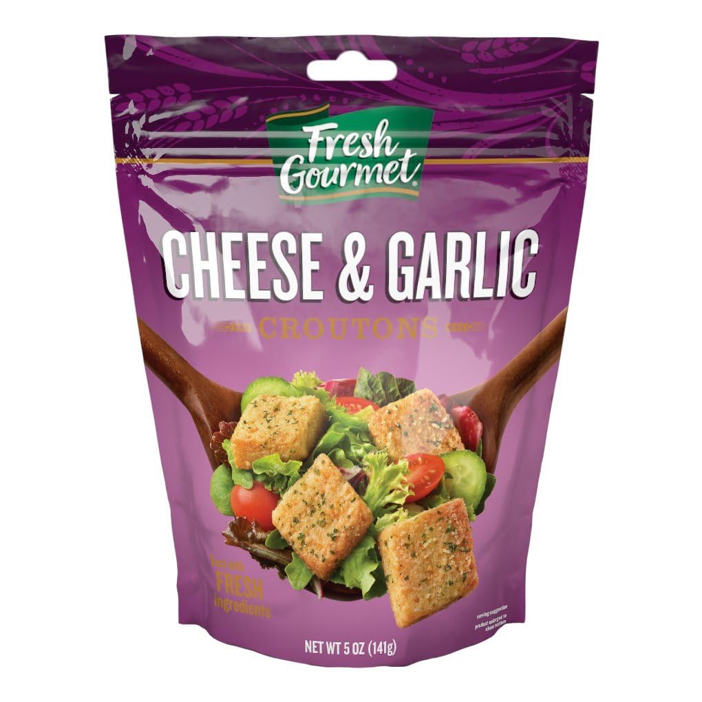 Fresh Gourmet cheese garlic croutons in a bag boost salad crunch and flavor.