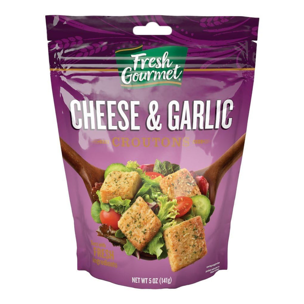 Fresh Gourmet cheese garlic croutons in a bag boost salad crunch and flavor.