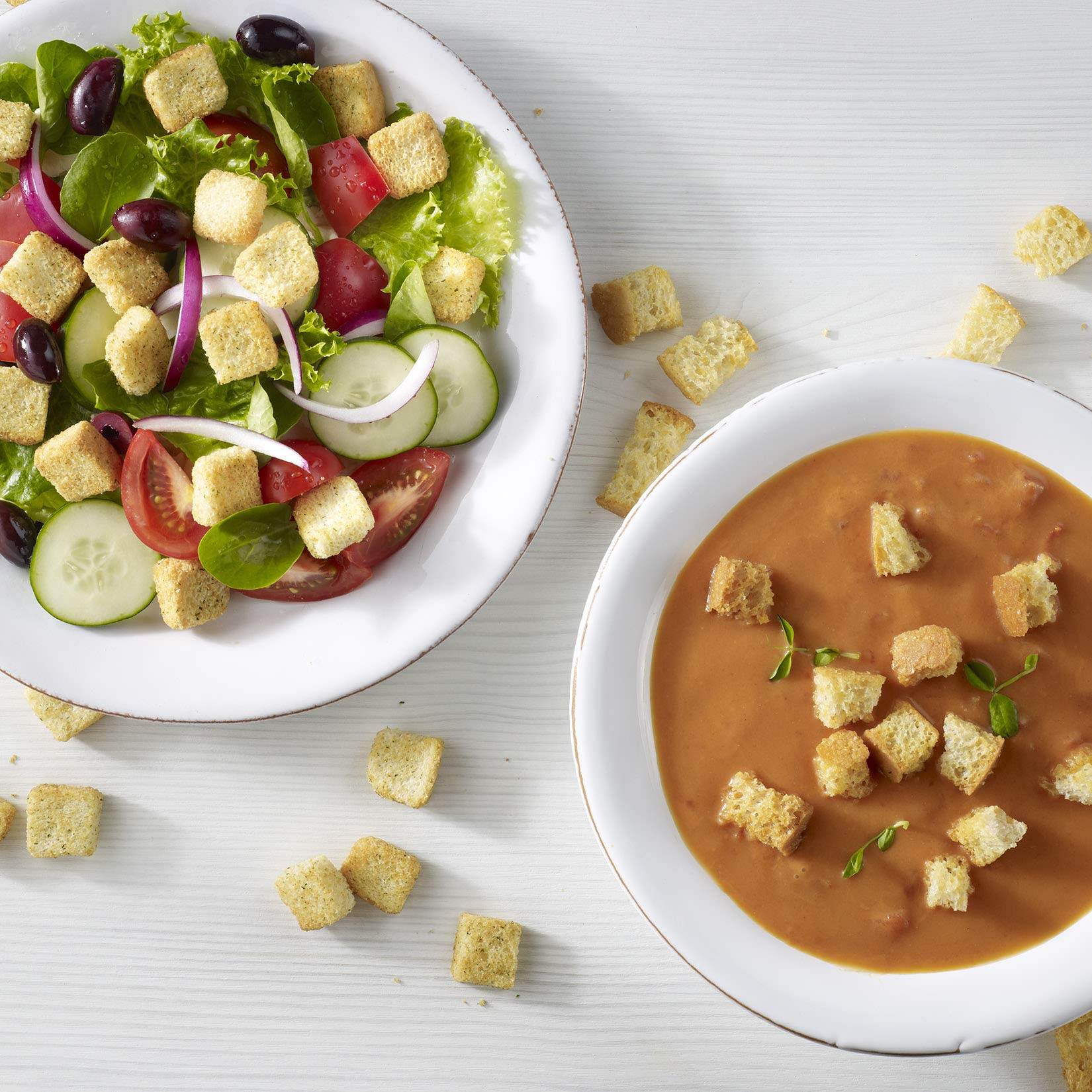 Herb-speckled texture of Fresh Gourmet croutons enhances savory toppings.