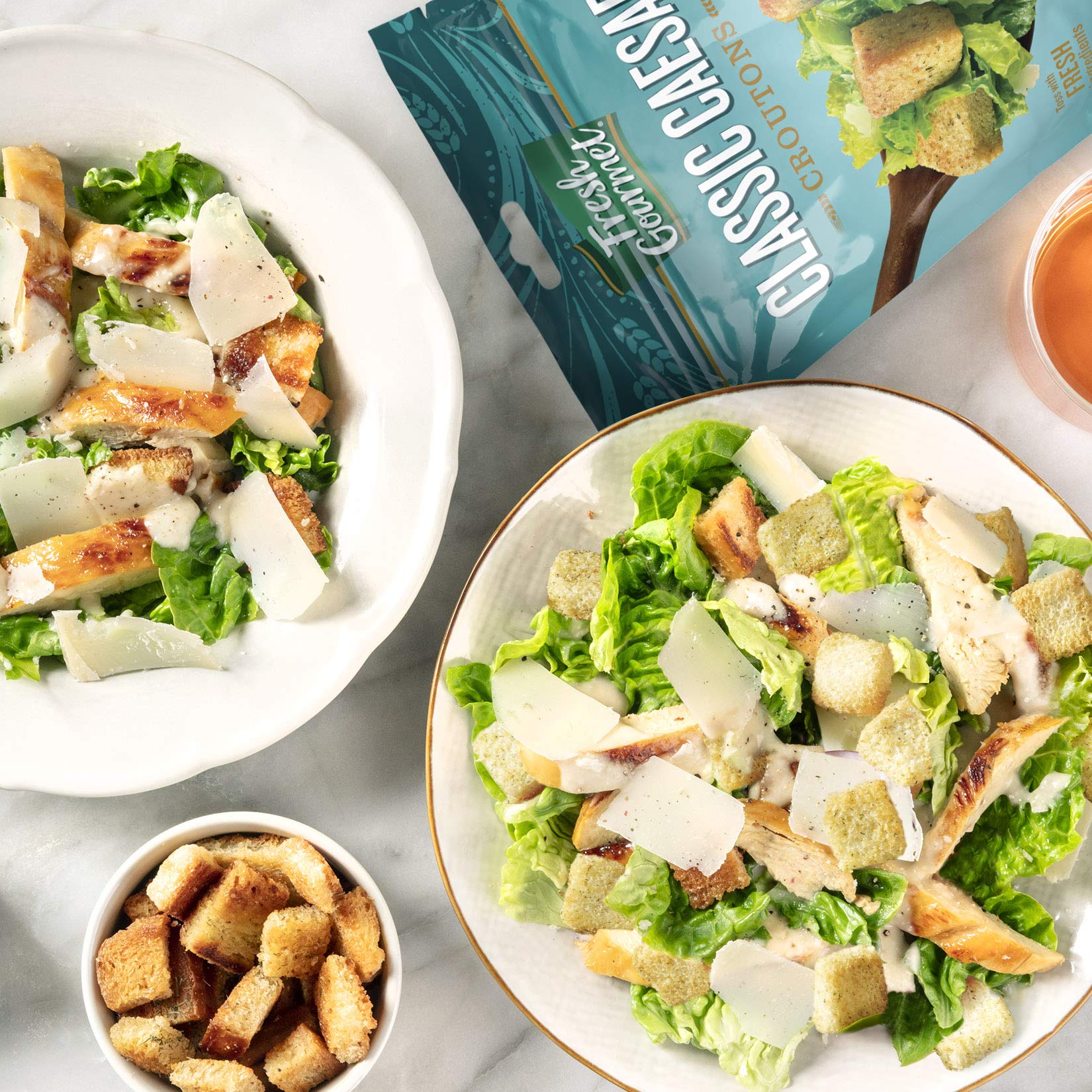 Fresh Gourmet croutons sprinkled on salad for extra crunch and flavor