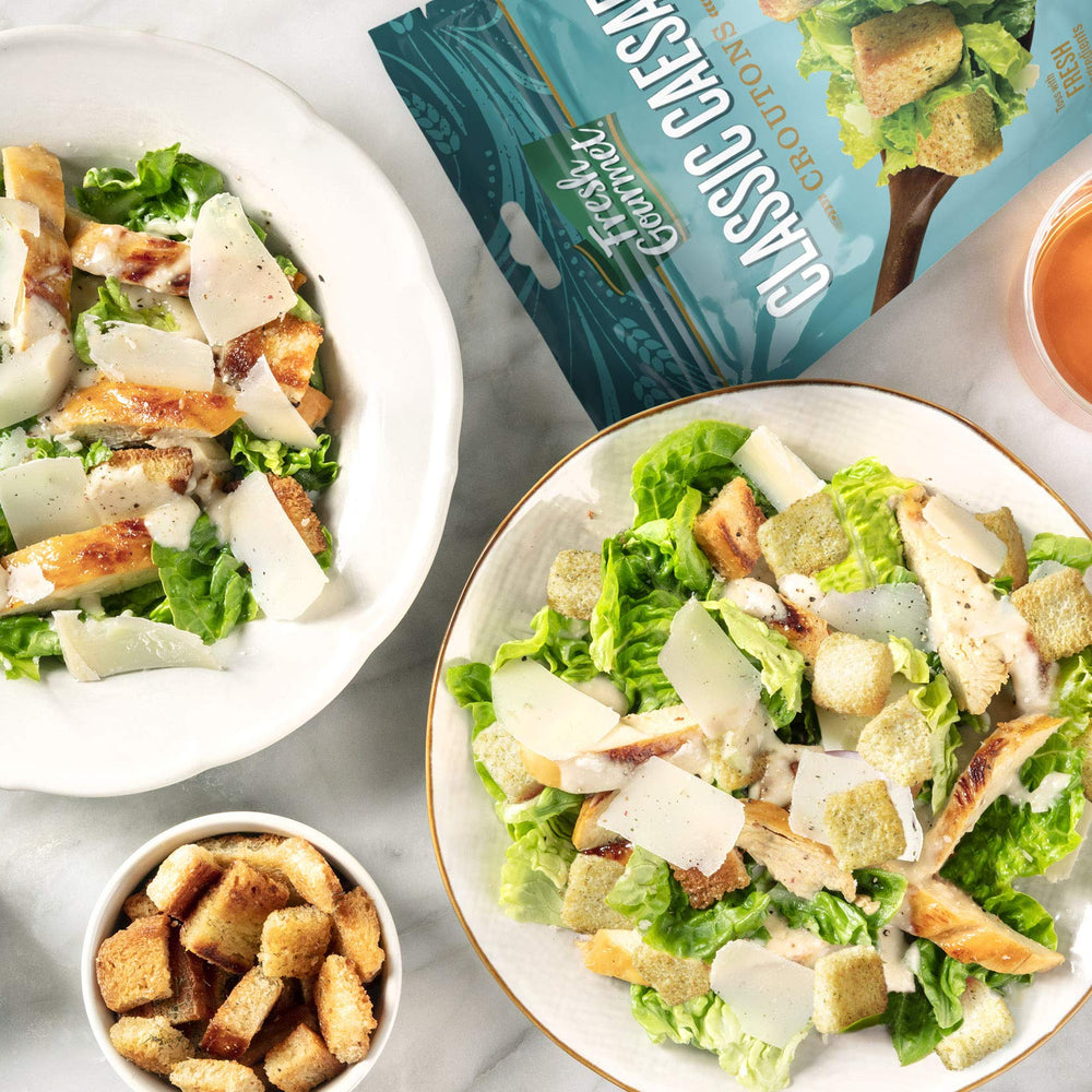 Fresh Gourmet croutons sprinkled on salad for extra crunch and flavor