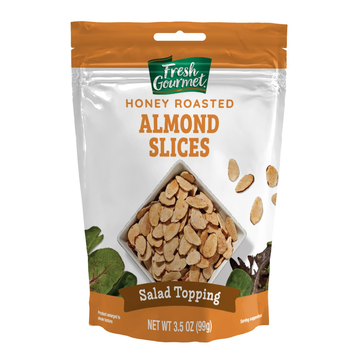 Fresh Gourmet honey roasted sliced almonds in a resealable bag ideal salad topping.