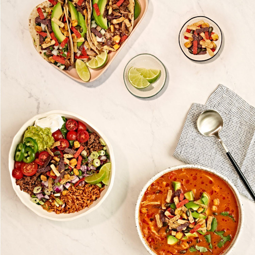 Fresh Gourmet Savory Southwest Crunch on a dinner table with bowls