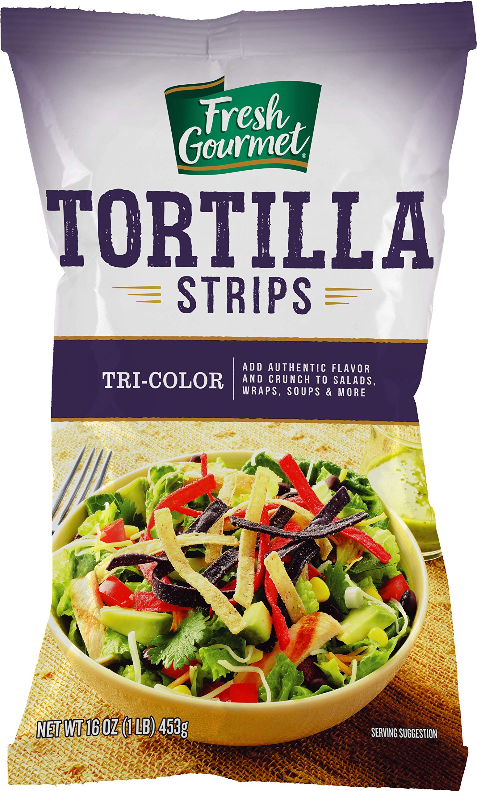Fresh Gourmet Tri-Color Tortilla Strips 1lb pack add vibrant texture to salads