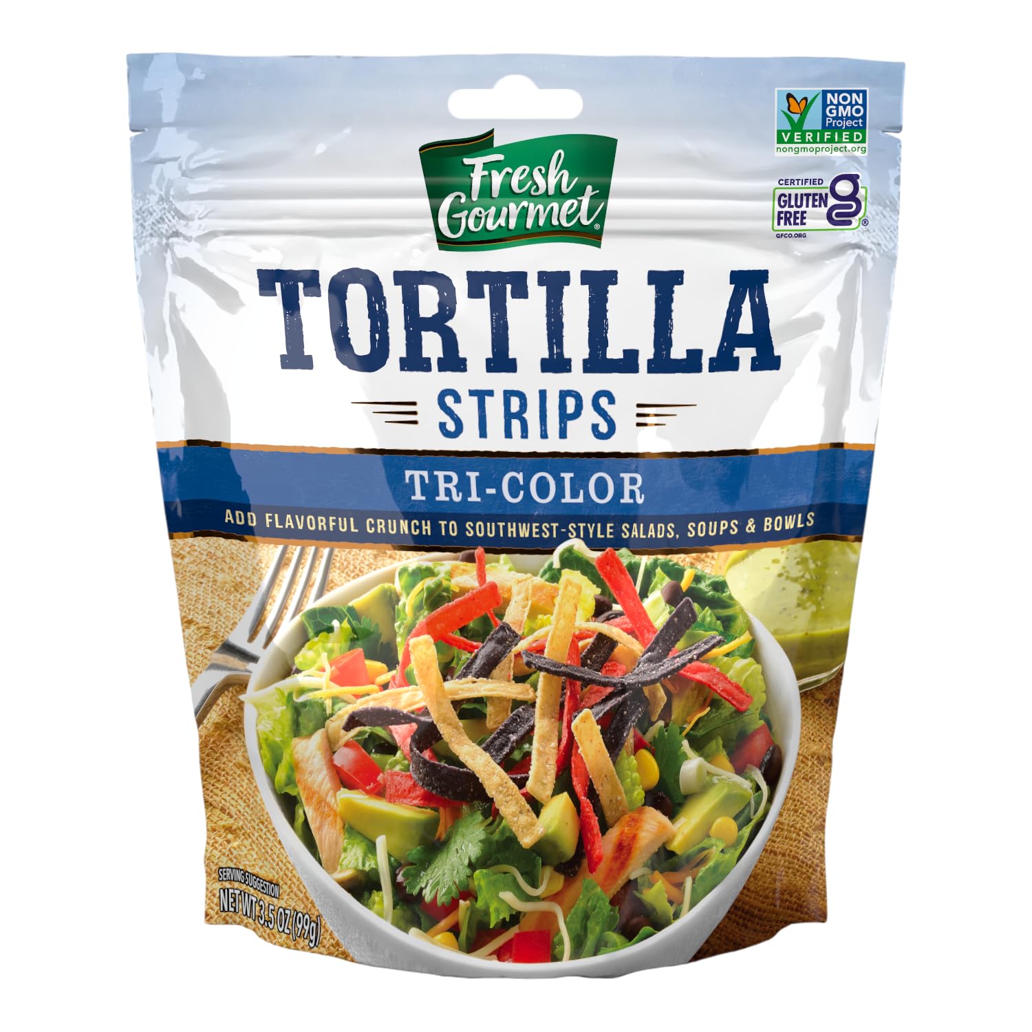 Fresh Gourmet Tri-Color Tortilla Strips bag showing vibrant crunch for salads