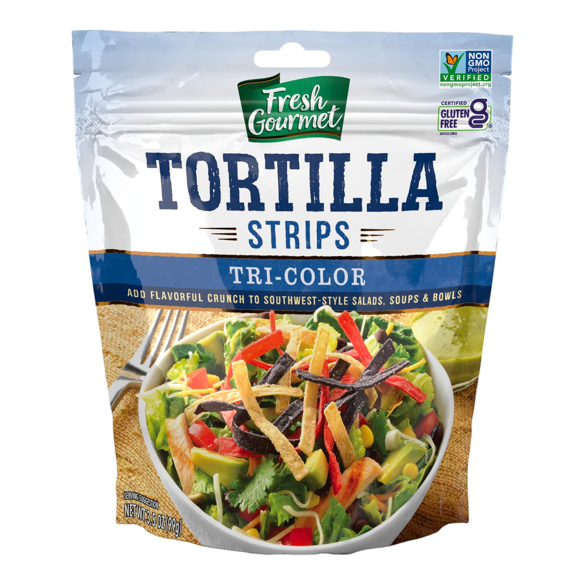 Fresh Gourmet Tri-Color Tortilla Strips bag showing vibrant crunch for salads
