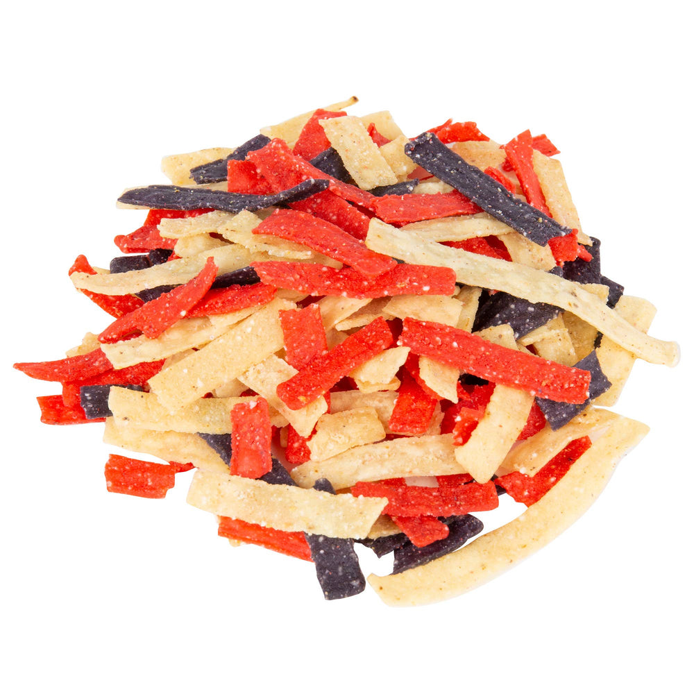 Fresh Gourmet Tri-Color Tortilla Strips on salad provide crunch and color