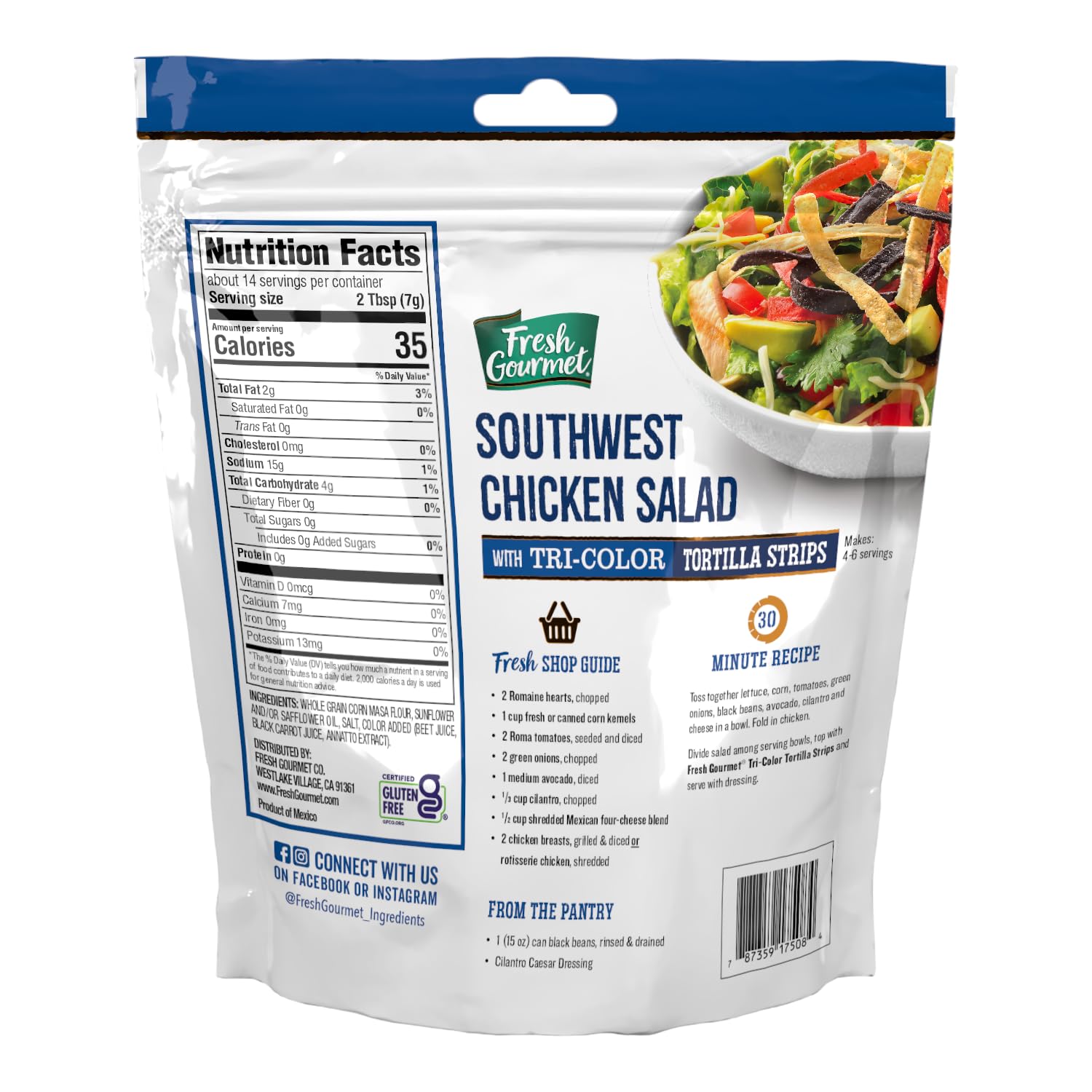 Fresh Gourmet Tri-Color Tortilla Strips sprinkled on salad for vibrant texture