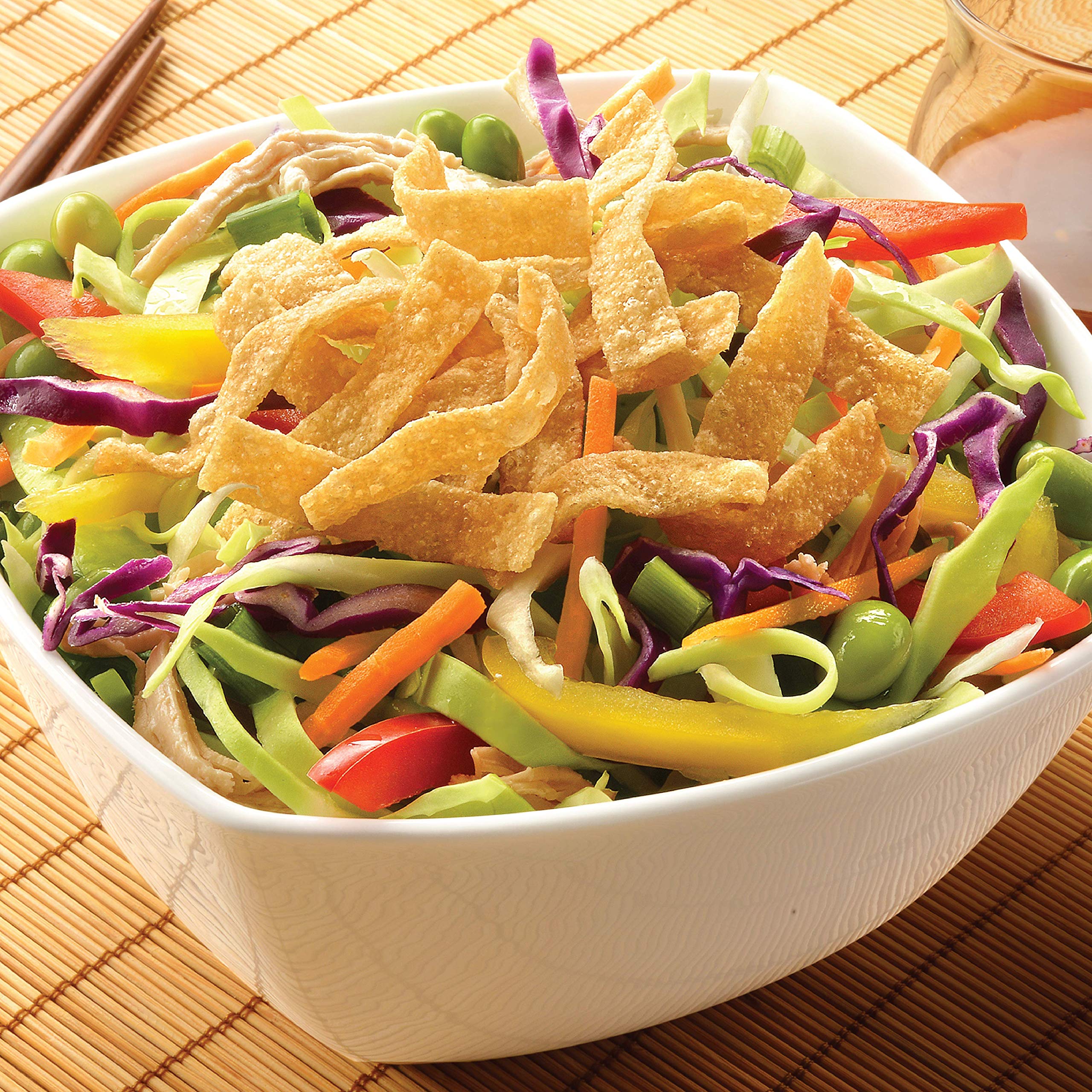 Fresh Gourmet wonton strips provide a lightly salted, crunchy topping.